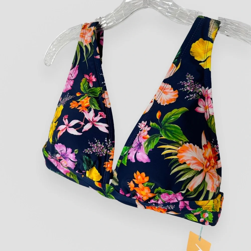 NWT Kona Sol Tropical Print Longline Bikini Top Navy Blue Size Large Beach Vacay